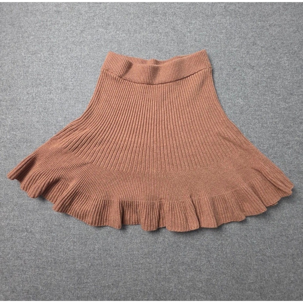 Free People Ribbed Knit Skater Flare Mini Skirt Women Small Brown Ruffle Hem